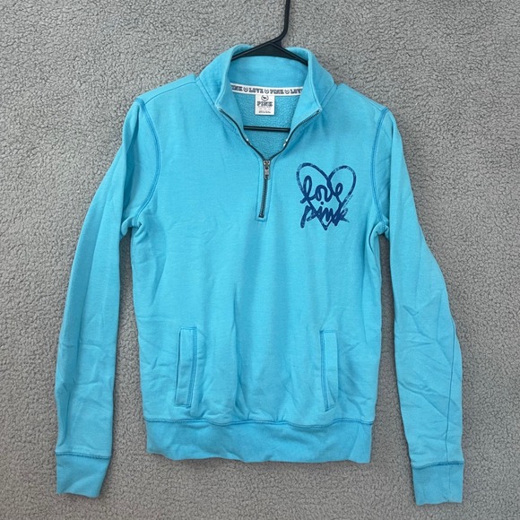 Victoria's Secret PINK Womens XS Blue Heart Love Graphic Quarter Zip Sweatshirt - Picture 1 of 8
